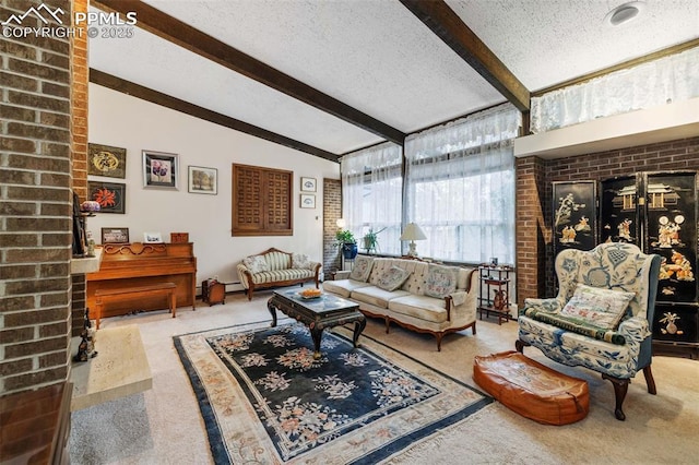 carpeted living room featuring vaulted ceiling with beams, a textured ceiling, and a fireplace