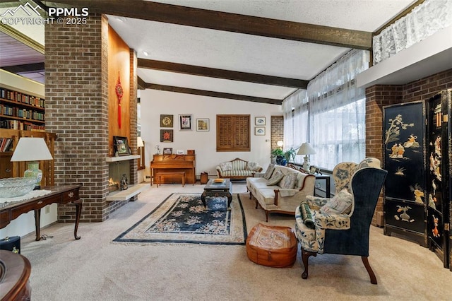 carpeted living area with brick wall and vaulted ceiling with beams