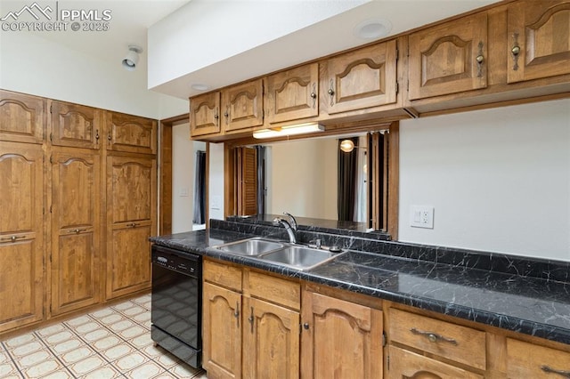 kitchen featuring a sink, dark countertops, black dishwasher, and brown cabinets