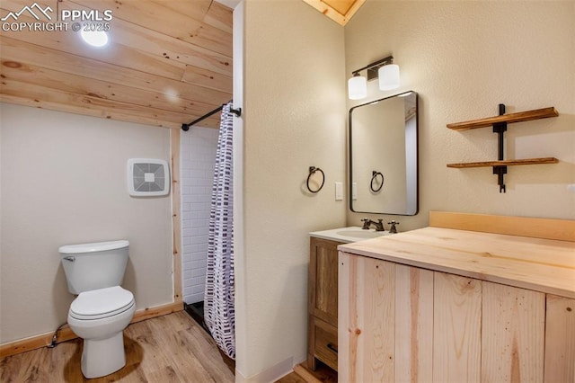 full bath with vanity, wood finished floors, curtained shower, toilet, and wood ceiling