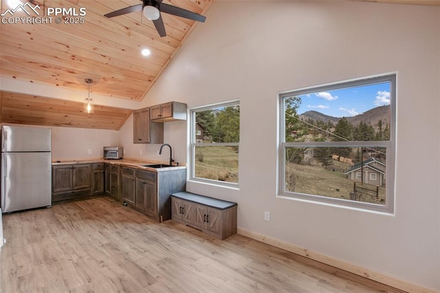 kitchen featuring a sink, freestanding refrigerator, a ceiling fan, wooden ceiling, and light wood-type flooring