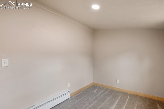 spare room featuring baseboards, carpet flooring, baseboard heating, and recessed lighting