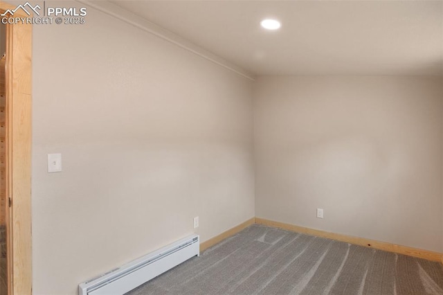 carpeted empty room with baseboards, a baseboard radiator, and recessed lighting