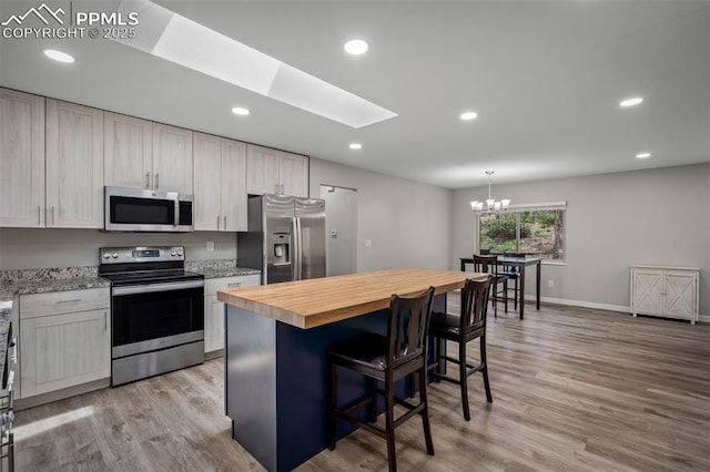 kitchen featuring stainless steel appliances, a kitchen breakfast bar, light wood-style flooring, wooden counters, and a skylight
