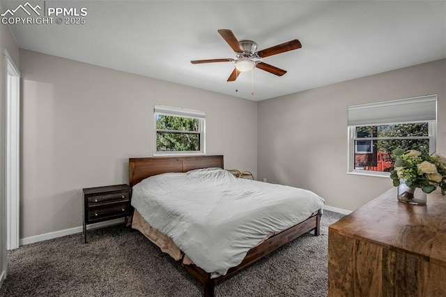 bedroom featuring ceiling fan, baseboards, and carpet floors