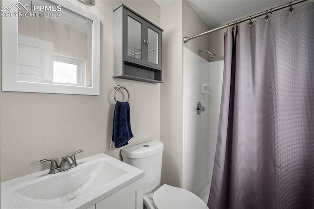 bathroom featuring vanity, toilet, and a shower with curtain