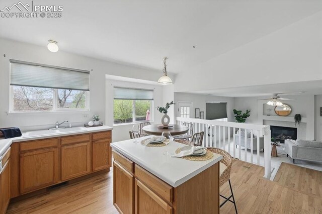 5012 Chaise Dr, Colorado Springs, CO 80923 - kitchen featuring a sink, open floor plan, light wood-style floors, light countertops, and vaulted ceiling