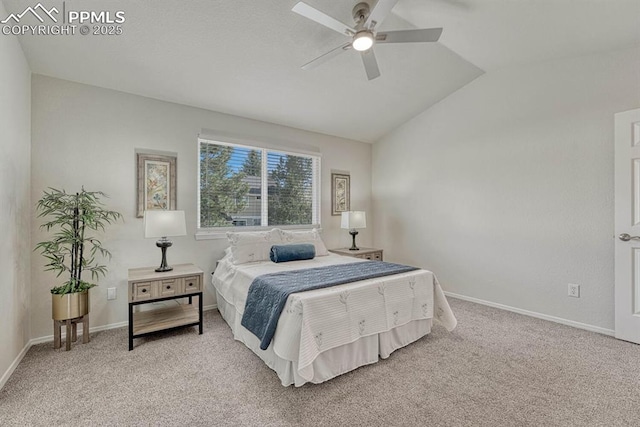 bedroom featuring ceiling fan, light carpet, lofted ceiling, and baseboards