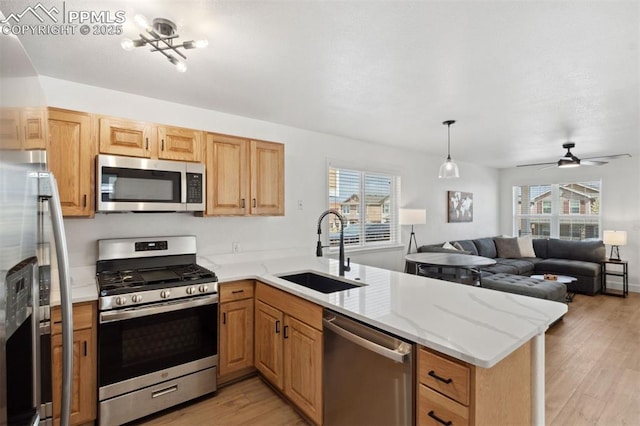 kitchen featuring a sink, a peninsula, a wealth of natural light, and stainless steel appliances