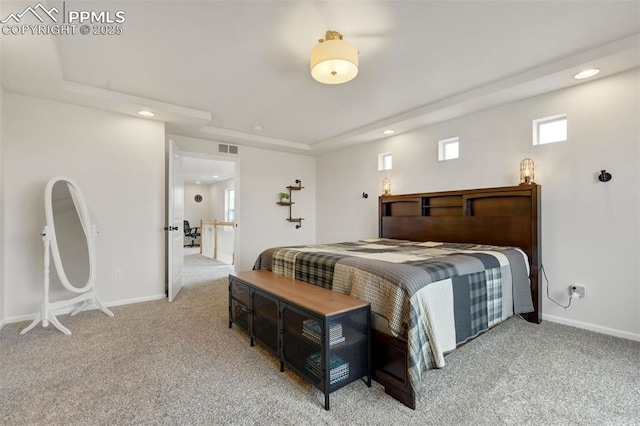 6775 Hazel Branch Ct, Colorado Springs, CO 80927 - bedroom with recessed lighting, visible vents, light colored carpet, and a raised ceiling
