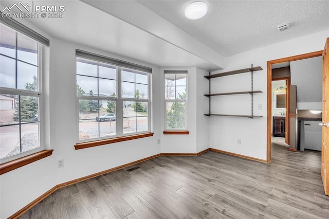empty room featuring healthy amount of natural light, baseboards, wood finished floors, and a textured ceiling