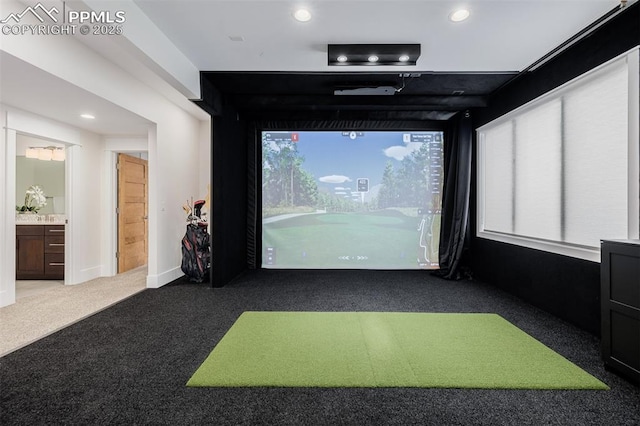 rec room with golf simulator, recessed lighting, and carpet flooring