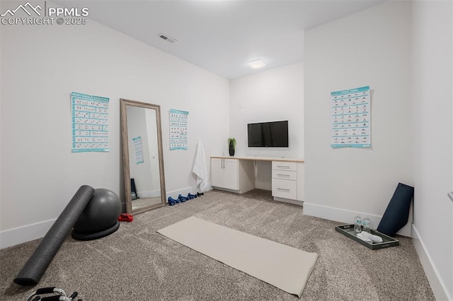 workout room featuring visible vents, baseboards, and light carpet