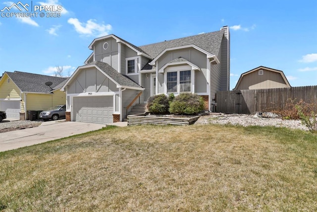 3925 Zurich Dr, Colorado Springs, CO 80920 - view of front of property featuring a shingled roof, a chimney, board and batten siding, driveway, and a garage