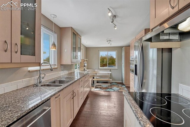 5477 E Asbury Ave, Denver, CO 80222 - kitchen featuring a sink, dishwasher, under cabinet range hood, black electric stovetop, and glass insert cabinets