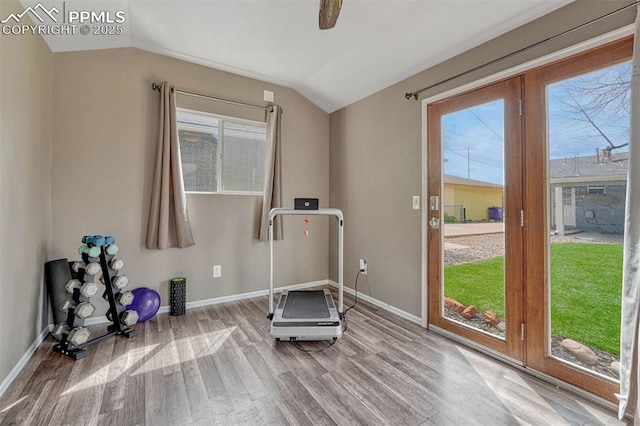 5477 E Asbury Ave, Denver, CO 80222 - workout room with wood finished floors, vaulted ceiling, healthy amount of natural light, baseboards, and a ceiling fan