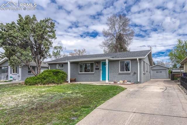 5477 E Asbury Ave, Denver, CO 80222 - ranch-style home featuring driveway, brick siding, a detached garage, an outbuilding, and roof with shingles