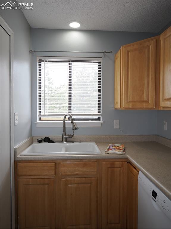 kitchen featuring a textured ceiling, a sink, white dishwasher, and light countertops