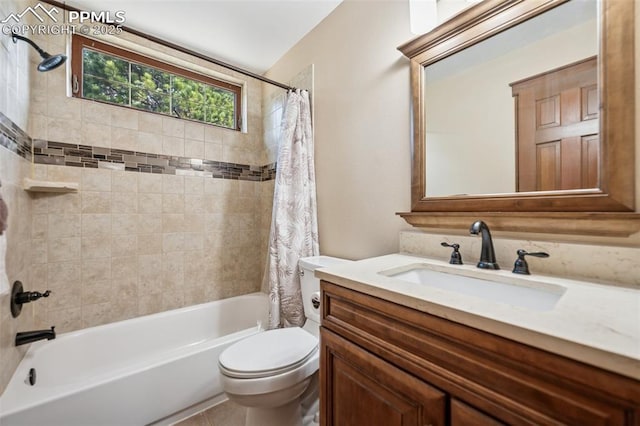full bathroom featuring vanity, toilet, and shower / bathtub combination with curtain
