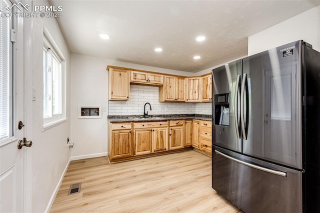 2222 Frontier Dr, Colorado Springs, CO 80911 - kitchen with visible vents, baseboards, light wood-type flooring, stainless steel fridge with ice dispenser, and a sink