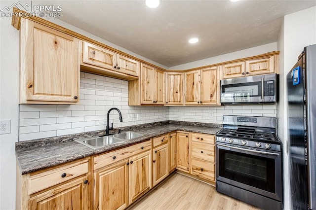 2222 Frontier Dr, Colorado Springs, CO 80911 - kitchen featuring dark countertops, light wood-type flooring, tasteful backsplash, a sink, and stainless steel appliances
