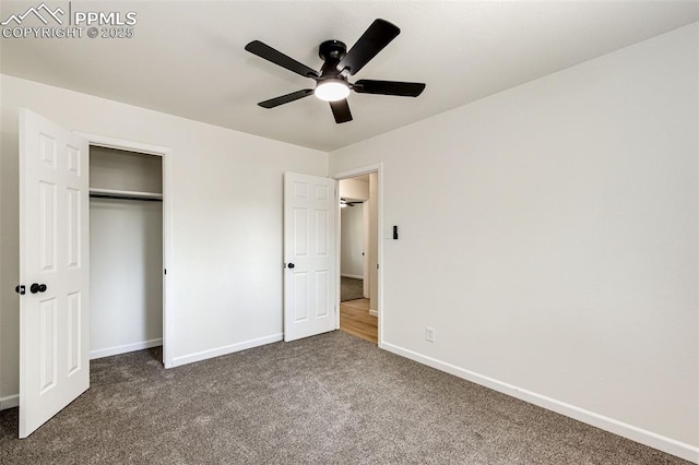 2222 Frontier Dr, Colorado Springs, CO 80911 - unfurnished bedroom featuring carpet floors, a ceiling fan, baseboards, and a closet