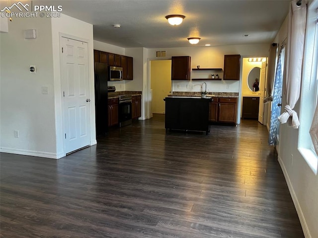 2790 Winterbourne St, Colorado Springs, CO 80910 - kitchen with stainless steel appliances, open shelves, baseboards, dark wood-style flooring, and open floor plan