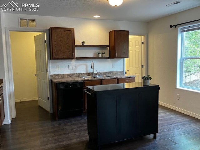 2790 Winterbourne St, Colorado Springs, CO 80910 - kitchen with dishwasher, a sink, open shelves, dark wood-style flooring, and baseboards