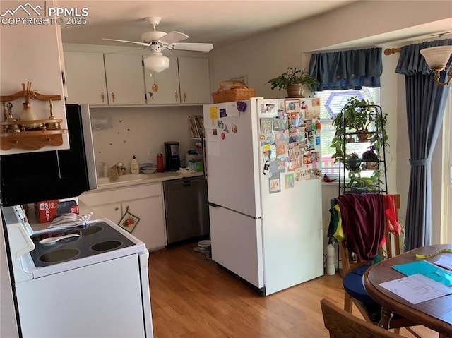 6905 Chippewa Rd, Colorado Springs, CO 80915 - kitchen featuring white appliances, ceiling fan, light wood-style flooring, white cabinetry, and light countertops