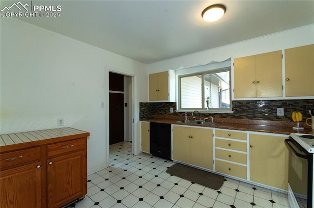 kitchen with decorative backsplash, electric range, a sink, light floors, and black dishwasher