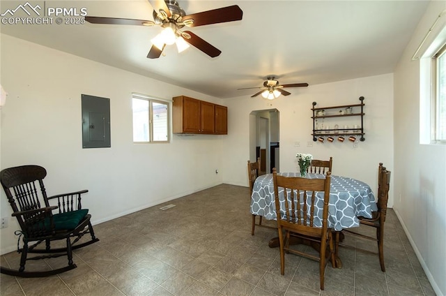dining area featuring a healthy amount of sunlight, electric panel, and a ceiling fan