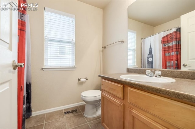 full bath featuring visible vents, baseboards, tile patterned floors, vanity, and toilet