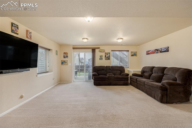 living area featuring baseboards and carpet