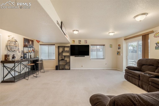 carpeted living area featuring baseboards, a textured ceiling, and plenty of natural light