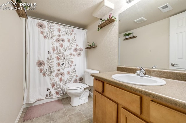 full bath with a shower with curtain, visible vents, tile patterned flooring, vanity, and toilet