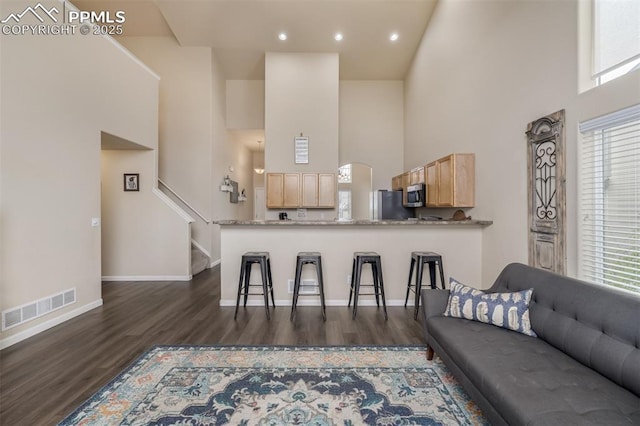 living area with a healthy amount of sunlight, a towering ceiling, dark wood-style flooring, and visible vents