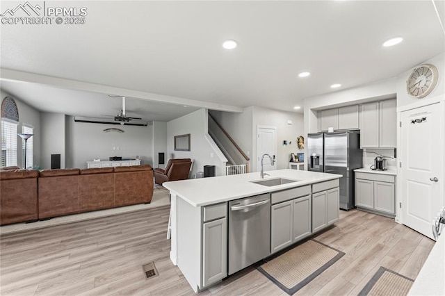 kitchen with visible vents, ceiling fan, a sink, appliances with stainless steel finishes, and gray cabinetry