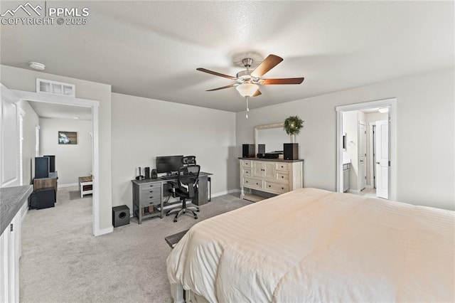 bedroom featuring visible vents, a ceiling fan, baseboards, and light carpet