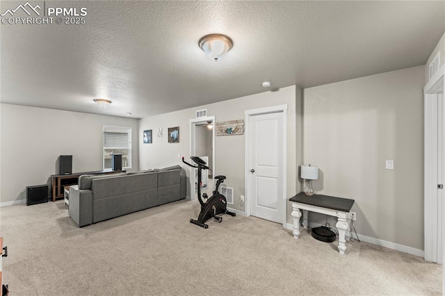 exercise area featuring carpet floors, a textured ceiling, baseboards, and visible vents