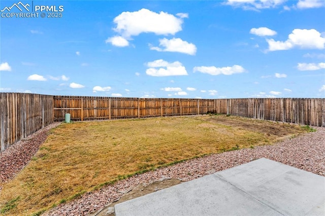 view of yard with a fenced backyard and a patio area
