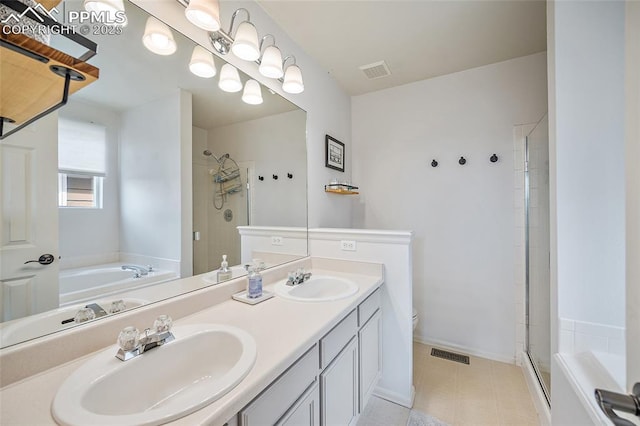 bathroom with visible vents, a sink, and a stall shower