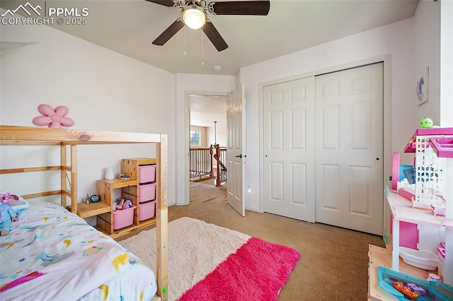 bedroom featuring a closet, a ceiling fan, and carpet