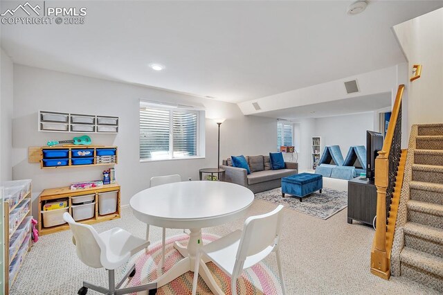 game room featuring recessed lighting, visible vents, a healthy amount of sunlight, and carpet