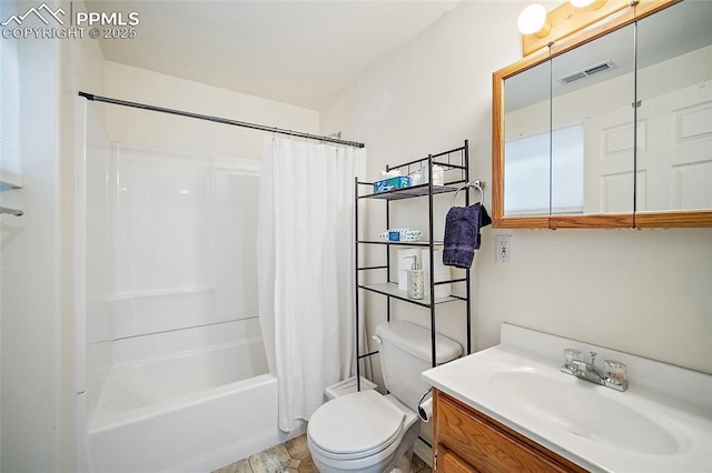 full bathroom with visible vents, shower / tub combo, toilet, and vanity