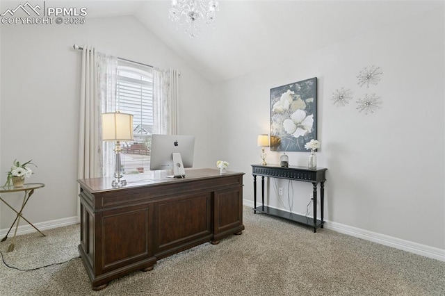 office space with baseboards, an inviting chandelier, light carpet, and lofted ceiling