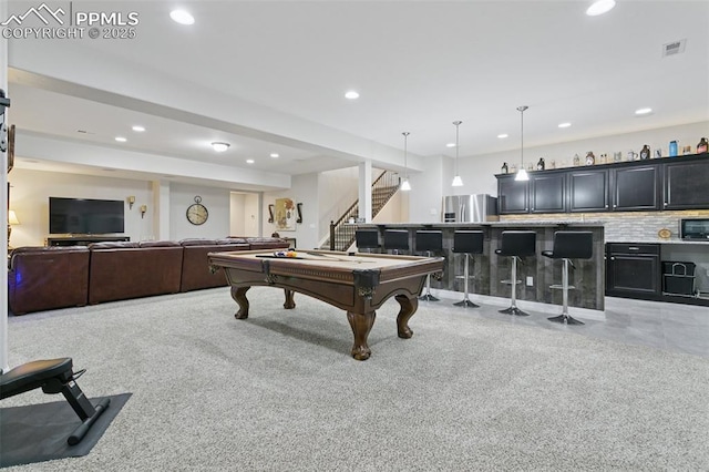 recreation room featuring recessed lighting, pool table, bar area, and visible vents