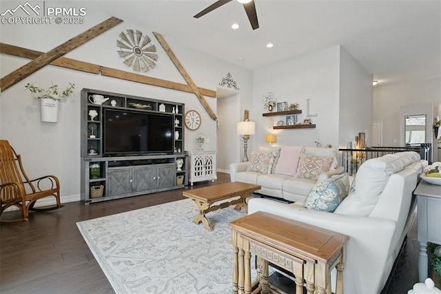 living room featuring ceiling fan, recessed lighting, baseboards, wood finished floors, and vaulted ceiling