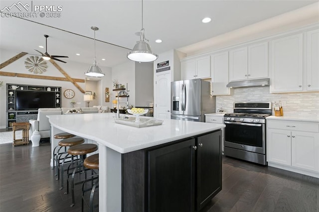 kitchen with dark wood-style flooring, appliances with stainless steel finishes, light countertops, open floor plan, and under cabinet range hood