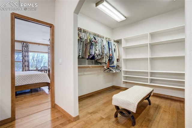 walk in closet with wood finished floors and arched walkways