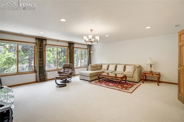 living room with light colored carpet, baseboards, a chandelier, plenty of natural light, and recessed lighting